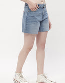 Madame Low Rise Blue Distressed Hem Shorts