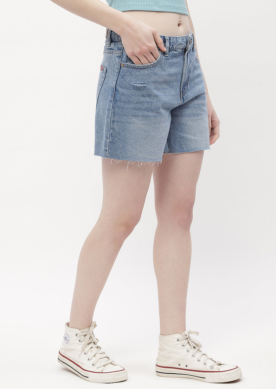 Madame Low Rise Blue Distressed Hem Shorts