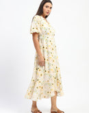 Madame Floral Print Wrap Detailed Yellow Midi Dress