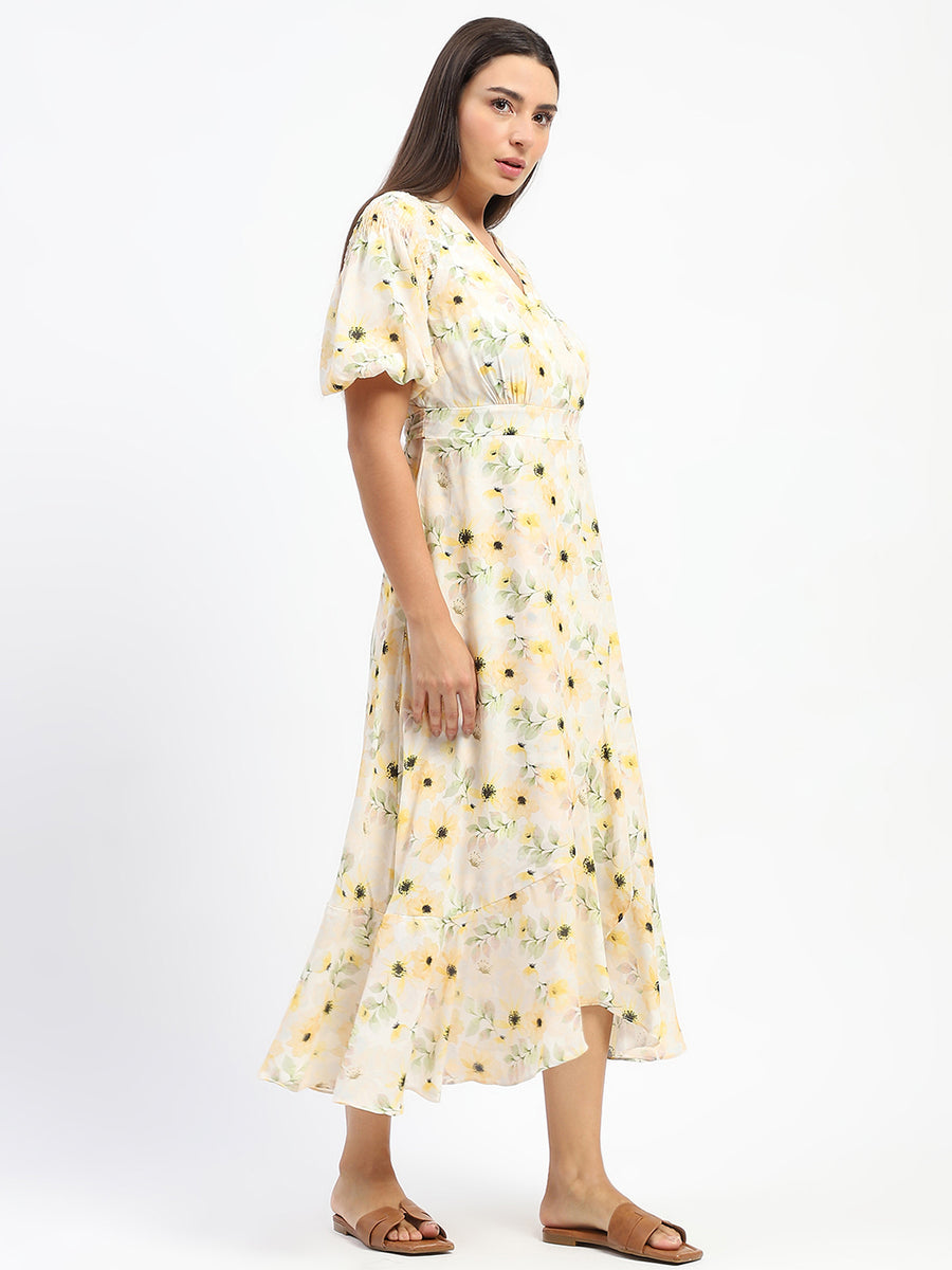 Madame Floral Print Wrap Detailed Yellow Midi Dress