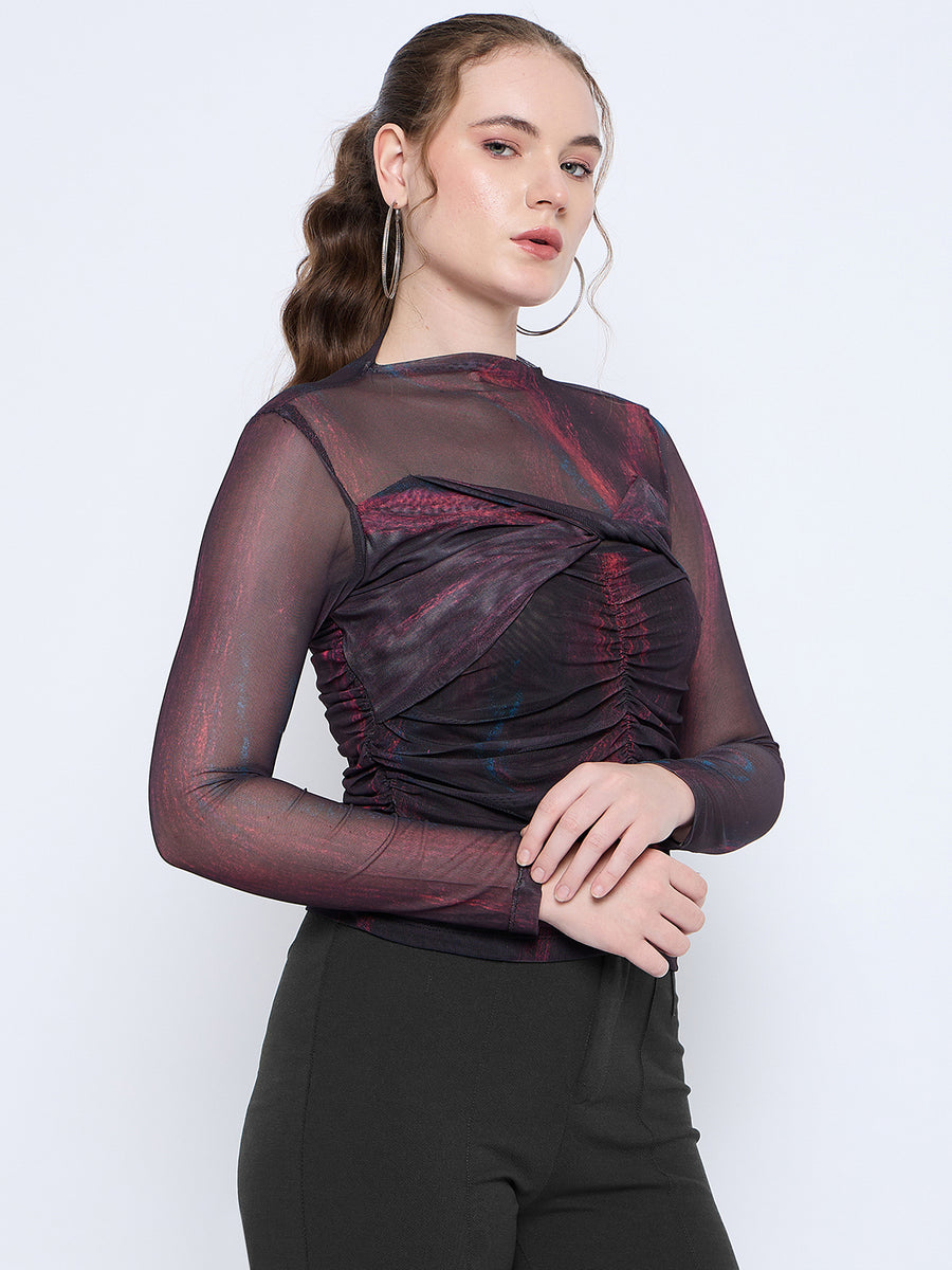 Madame Semi Sheer Abstract Print Centre Ruched Black Top