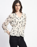 Madame Abstract Print V- Neck Black Top