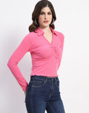 Madame Collared Neckline Scallop Hem Ruched Pink Top