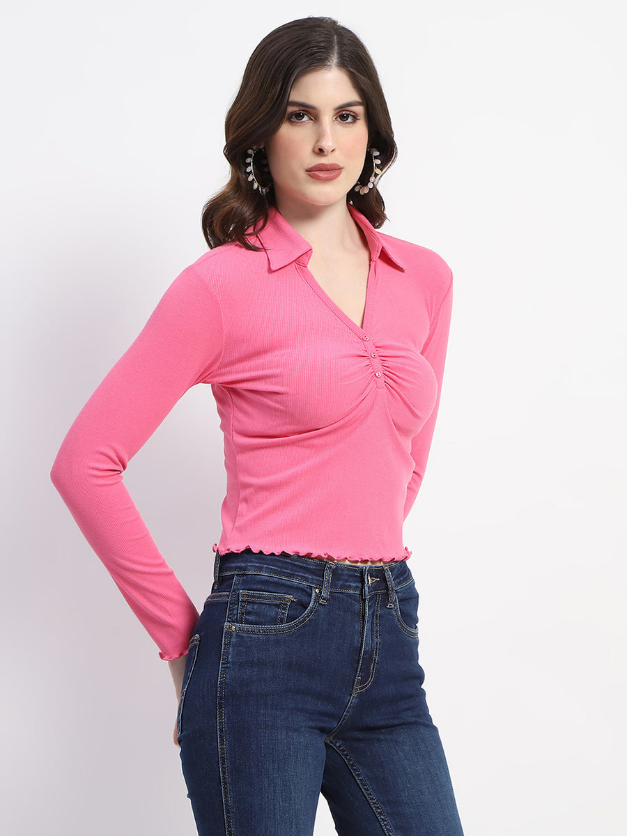 Madame Collared Neckline Scallop Hem Ruched Pink Top