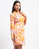 Madame Cinch Waist Abstract Print Bell Sleeves Orange Dress