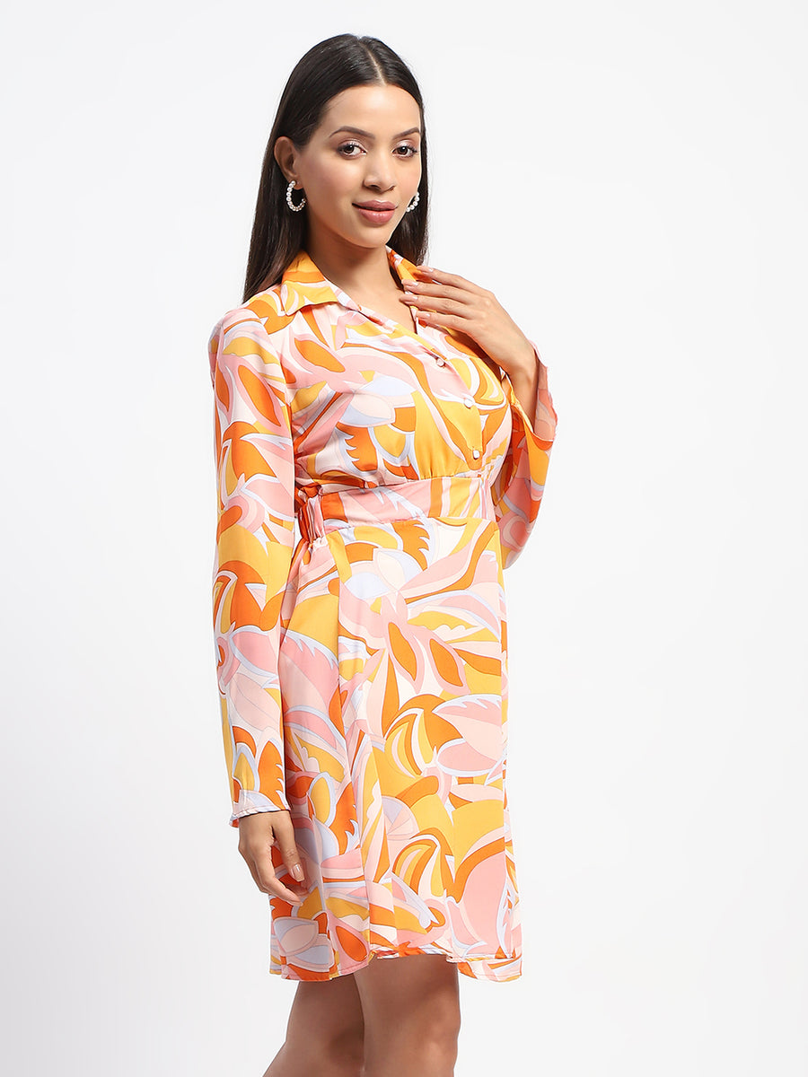 Madame Cinch Waist Abstract Print Bell Sleeves Orange Dress