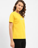 Madame Graphic Printed Round Neck Cotton Yellow T-Shirt