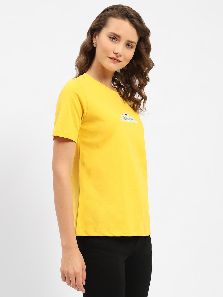 Madame Graphic Printed Round Neck Cotton Yellow T-Shirt