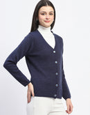 Madame V Neck Buttoned Navy Blue Cardigan