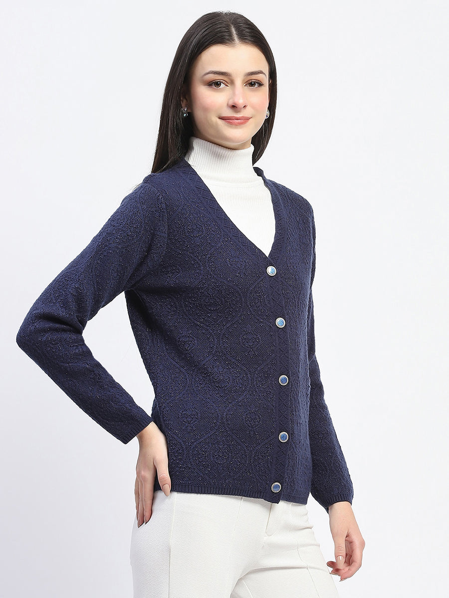 Madame V Neck Buttoned Navy Blue Cardigan