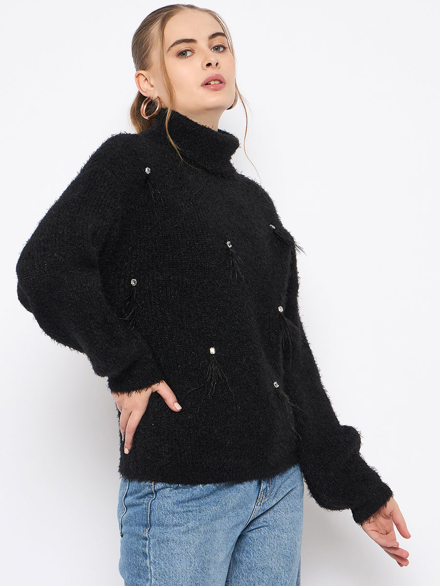 Madame Embellished Turtleneck Black Sweater