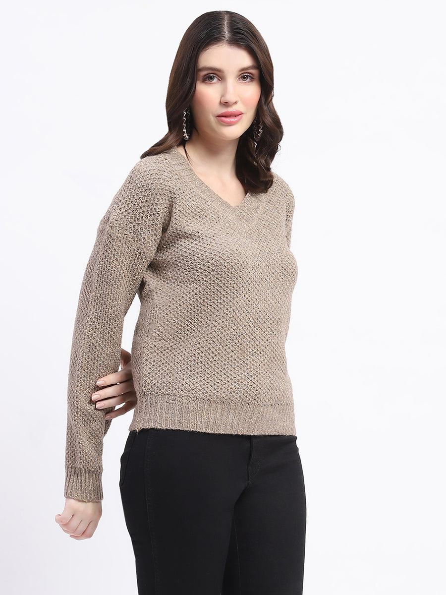 Madame V Neck Relaxed Fit Brown Sweater