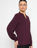 Madame Embellished Striped Cuff Sleeved Plum Top