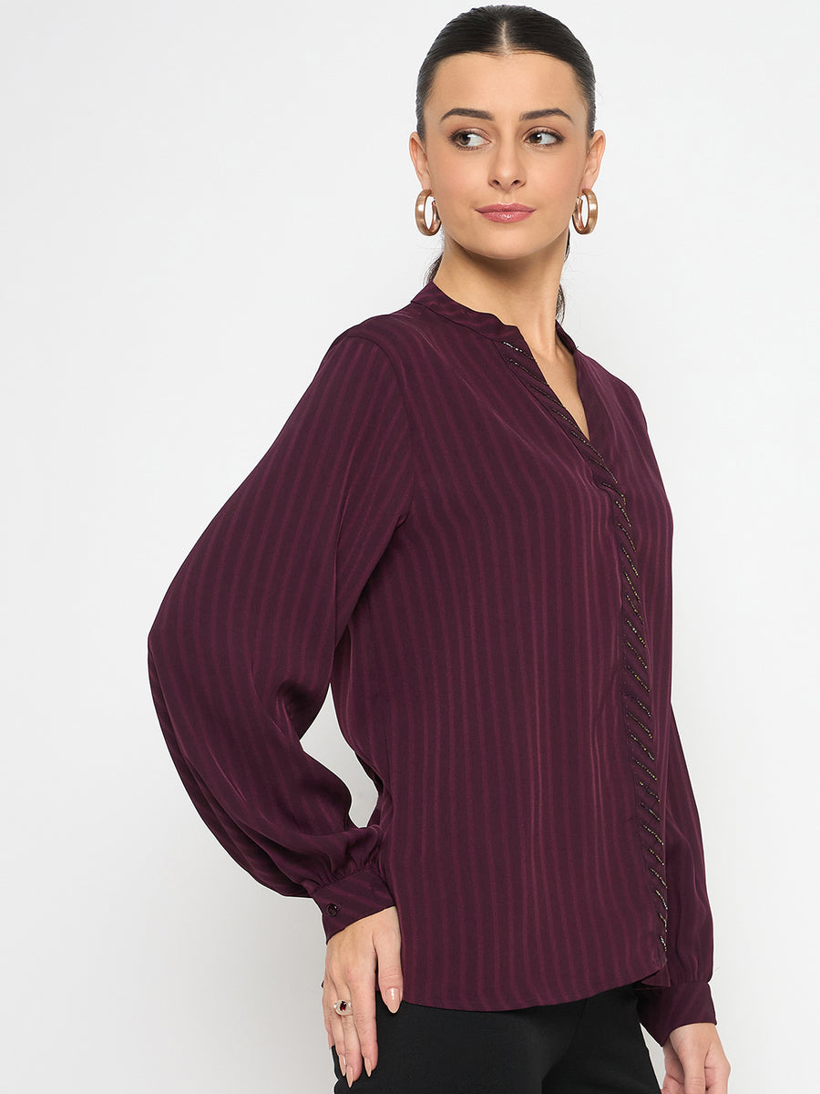 Madame Embellished Striped Cuff Sleeved Plum Top