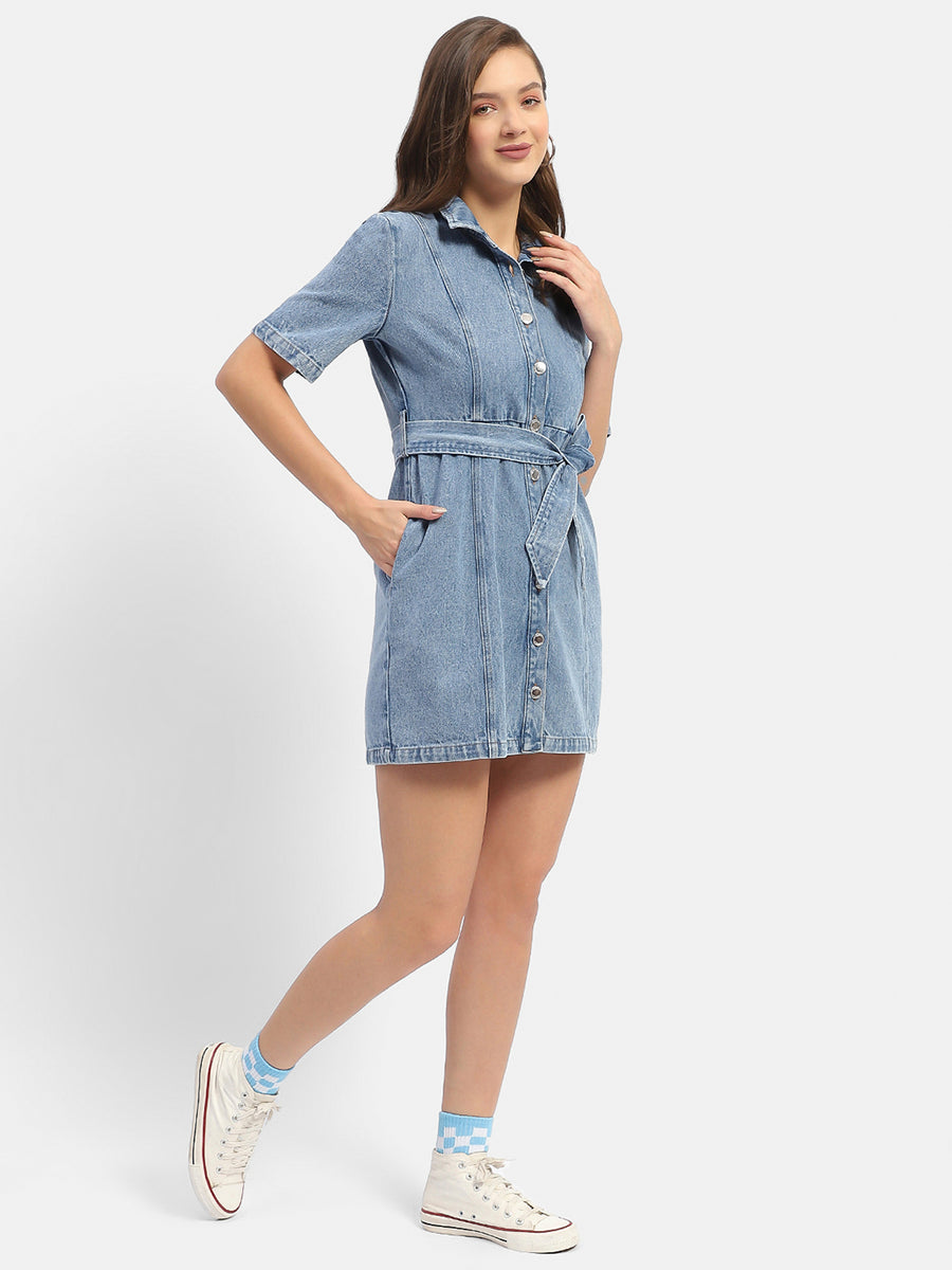 Madame Belted Waist Mid Blue Denim Shirt Dress