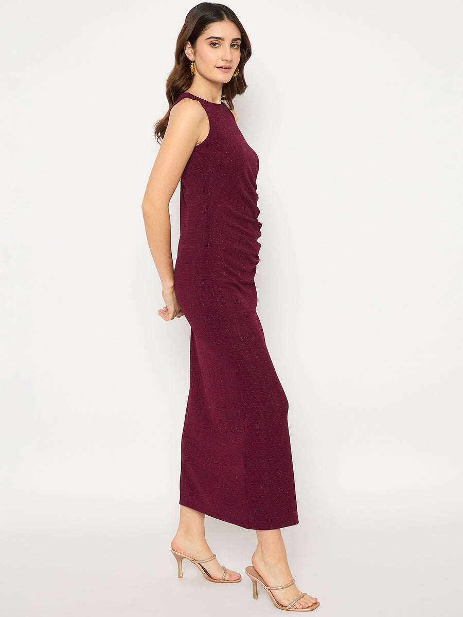 Madame Shanaya Kapoor Shimmery Gathered Detail Bodycon Wine Maxi Dress