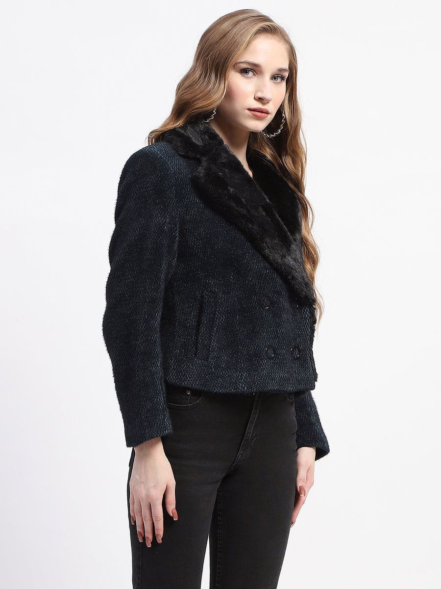 Madame Teal Fur Lapel Notch Coat