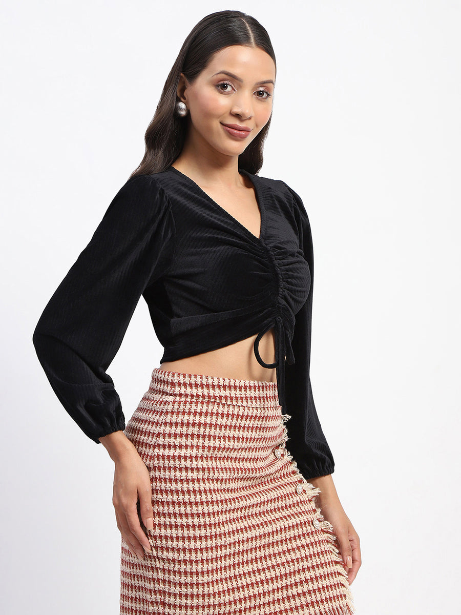 Madame Ruched V Neck Puff Sleeve Crop Top