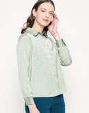 Madame Embellished Shirt Collar Solid Green Shirt