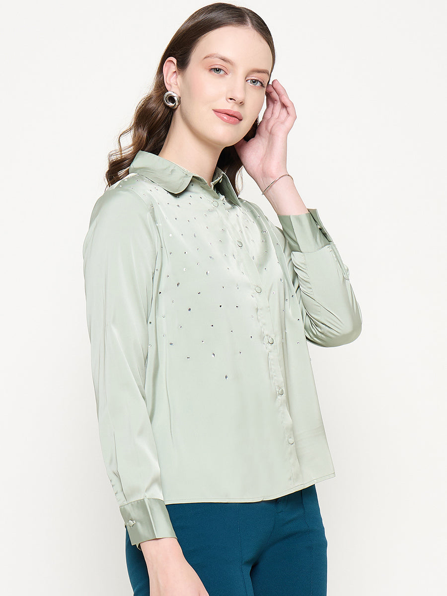 Madame Embellished Shirt Collar Solid Green Shirt