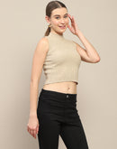 Madame Ribbed Mock Neck Camel Brown Sleeveless Sweater