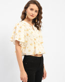 Madame Mandarin Collar  Ruffle Detailing Printed Cotton Peplum Top