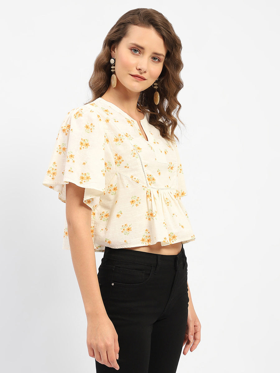 Madame Mandarin Collar  Ruffle Detailing Printed Cotton Peplum Top