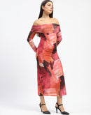 Madame Shanaya Kapoor Abstract Print Off Shoulder Semi Sheer Orange Maxi Dress