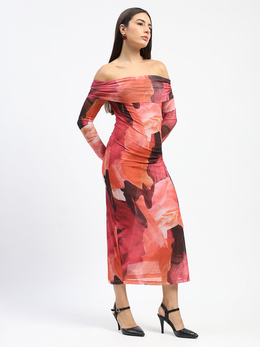 Madame Shanaya Kapoor Abstract Print Off Shoulder Semi Sheer Orange Maxi Dress