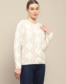 Madame Self Design Pearl Buttoned Off White Cardigan