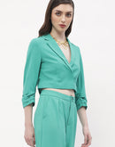 Madame Ruched Sleeve Jade Green Lapel Collar Crop Blazer