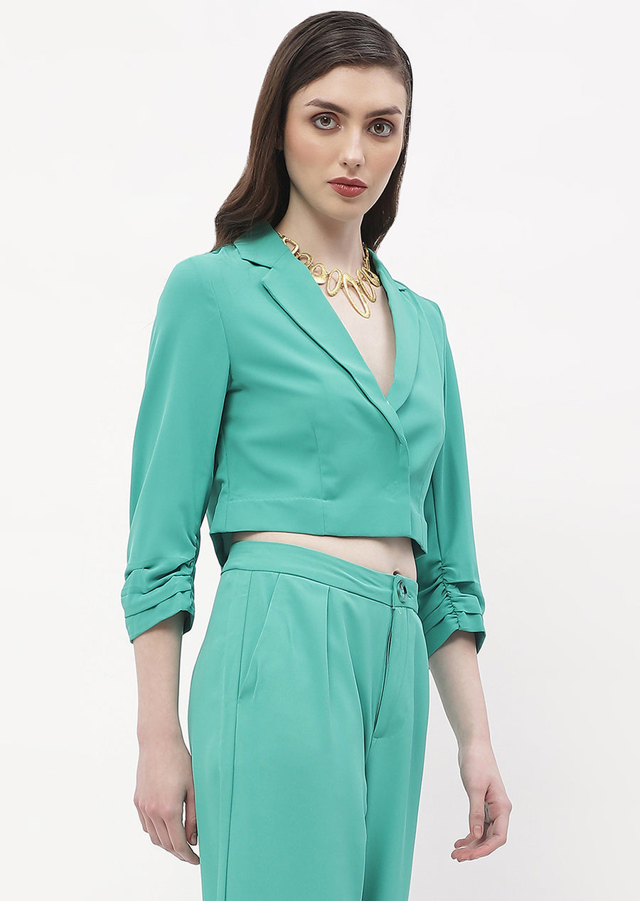 Madame Ruched Sleeve Jade Green Lapel Collar Crop Blazer