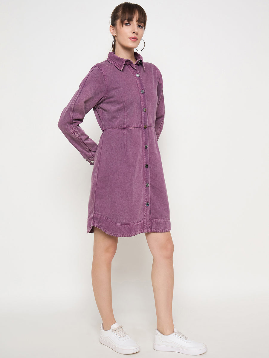 Madame Buttoned Plum Cotton Shirt Dress