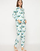 mSECRET Printed Notch Lapel Top and Bottom Teal Night Suit