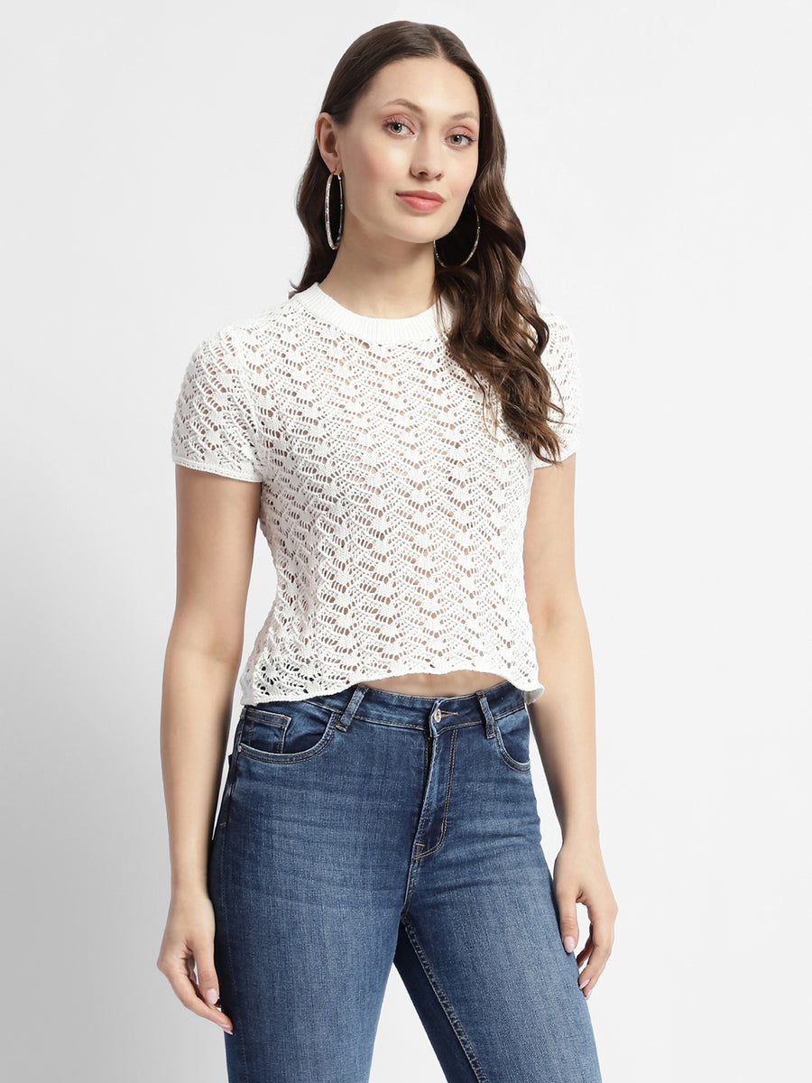 Madame Off White Crochet Top With Short Sleeves