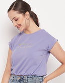 Madame Solid Violet Typography Cuffed Half  Sleeves Elasticated Waist Top