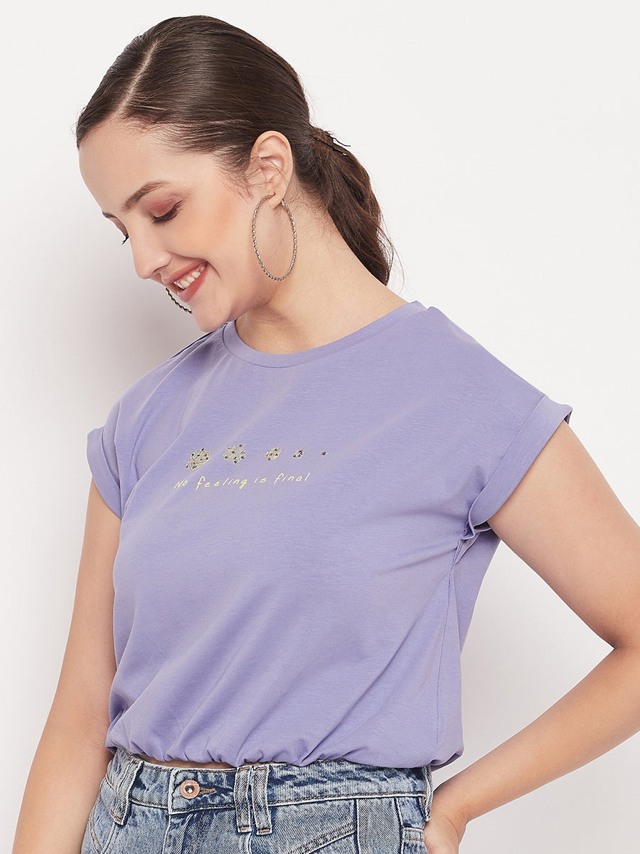 Madame Solid Violet Typography Cuffed Half  Sleeves Elasticated Waist Top