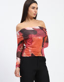 Madame Off Shoulder Semi Sheer Abstract Print Orange Top