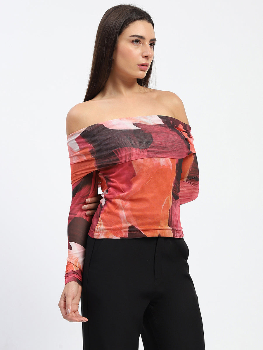 Madame Off Shoulder Semi Sheer Abstract Print Orange Top