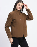 Madame Textured High Neck Coffee Brown Short Coat