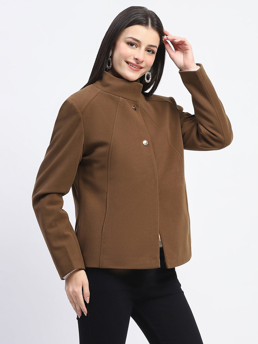 Madame Textured High Neck Coffee Brown Short Coat