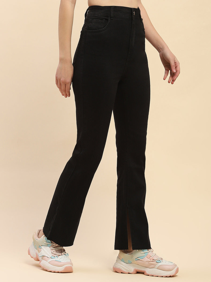 Camla Barcelona Solid Black Side Slit Jeans