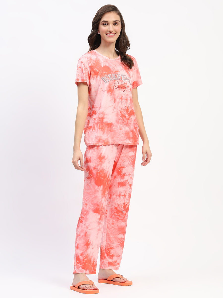 mSECRET Tie Dye Coral Typography Print Two Piece Night Suit