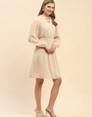 Camla Barcelona Cinched Waist Beige Chain Embellished Neck Dress