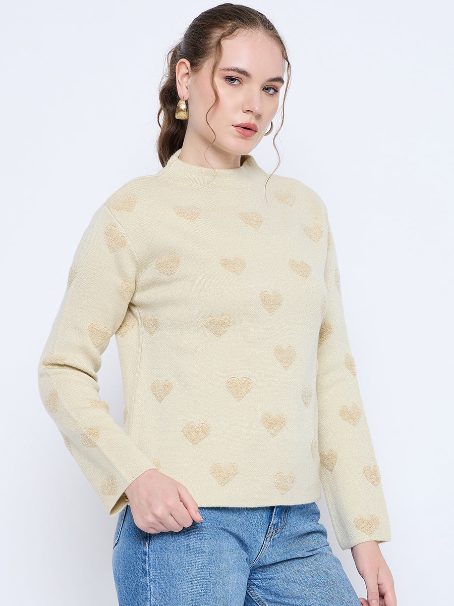 Madame Graphic Print Mock Neck Beige Sweater