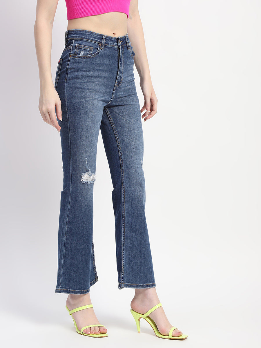 Madame Whiskered Ripped Bootcut Blue Denim