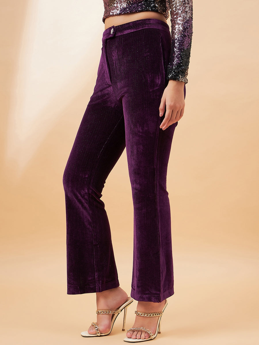 Madame Purple Flared Velvet Trousers