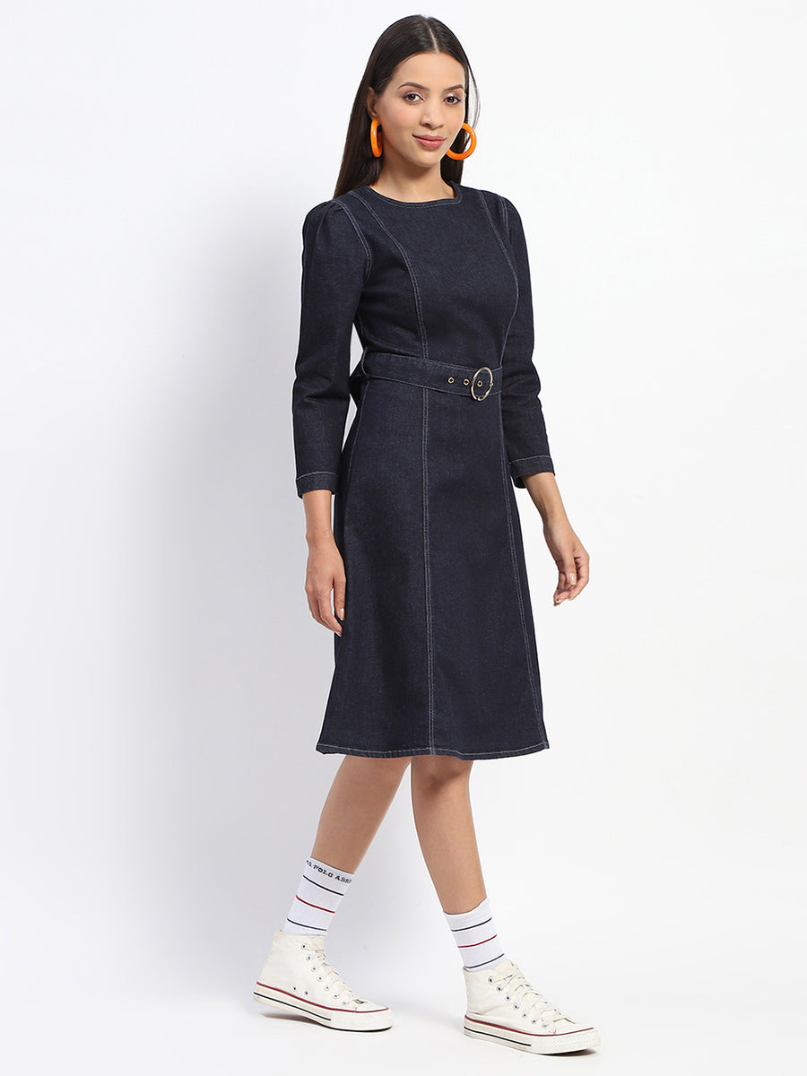 Madame Belted A Line Denim Dress