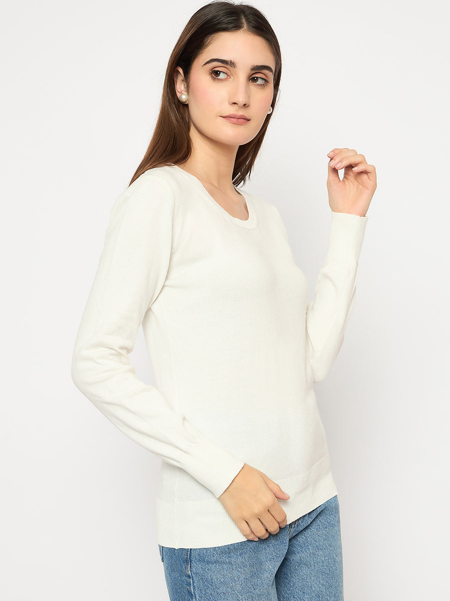 Madame Round Neck Ribbed Cuff Off White Sweater