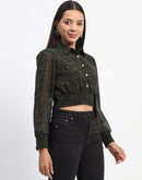 Madame Cinch Waist Marble Print Olive Crop Shirt